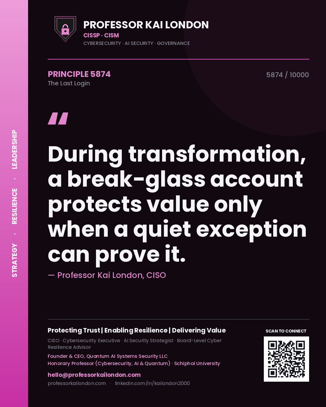 Quote card by Professor Kai London reading 'During transformation, a break-glass account protects value only when a quiet exception can prove it.'. From the book The Last Login.