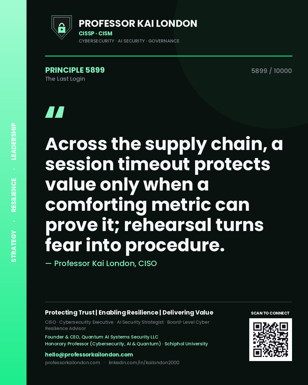 Quote card by Professor Kai London reading 'Across the supply chain, a session timeout protects value only when a comforting metric can prove it; rehearsal turns fear into procedure.'. From the book The Last Login.