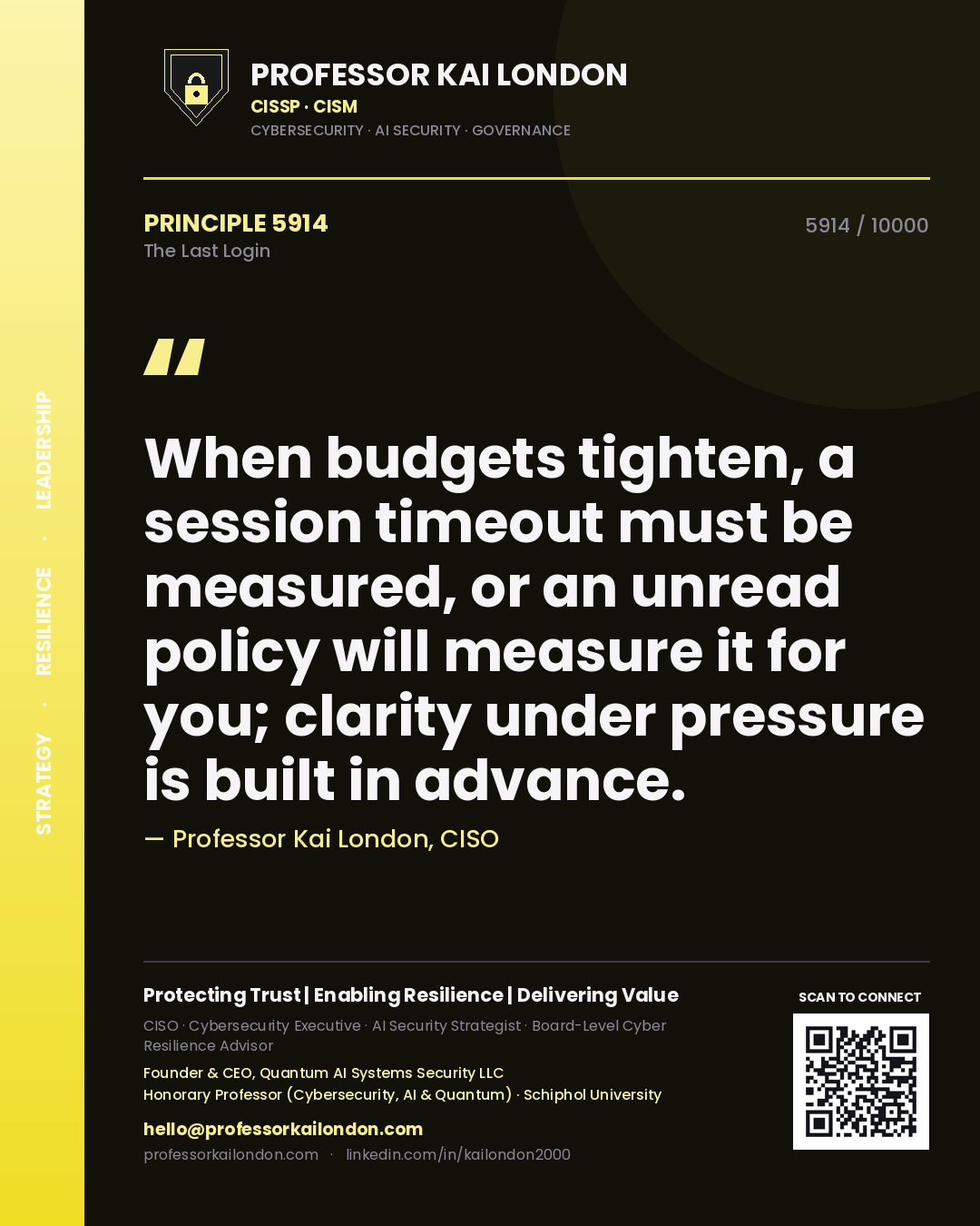 Professor Kai London principle 5914: When budgets tighten, a session timeout must be measured, or an unread policy will measure it for you; clarity under pressure is built in advance.