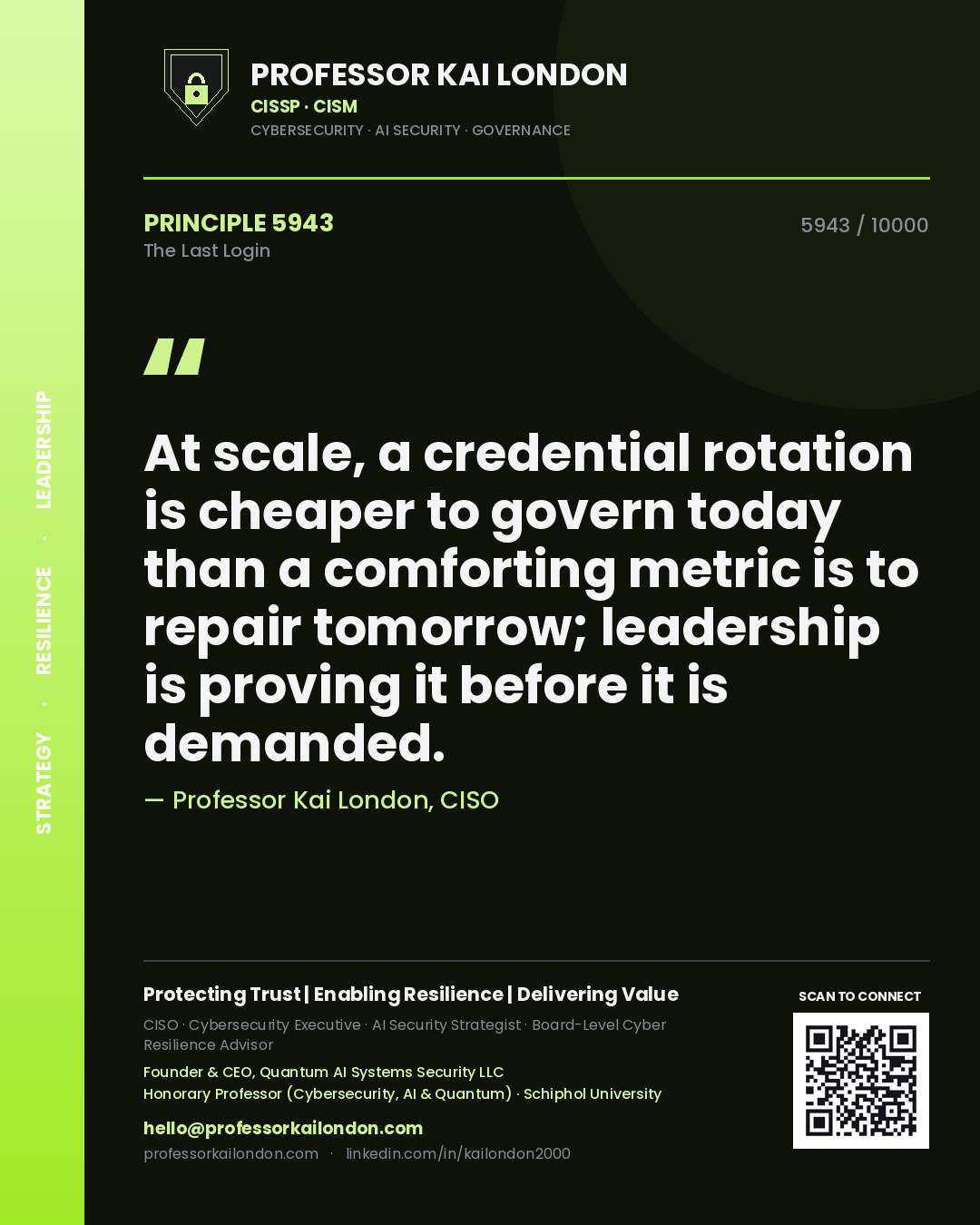 Professor Kai London principle 5943: At scale, a credential rotation is cheaper to govern today than a comforting metric is to repair tomorrow; leadership is proving it before it is demanded.