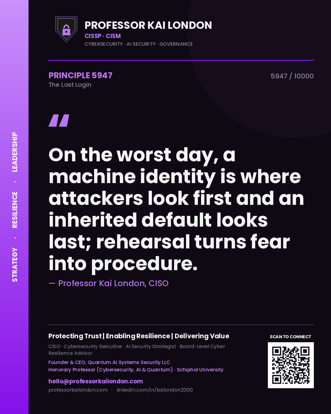 Professor Kai London principle 5947: On the worst day, a machine identity is where attackers look first and an inherited default looks last; rehearsal turns fear into procedure.