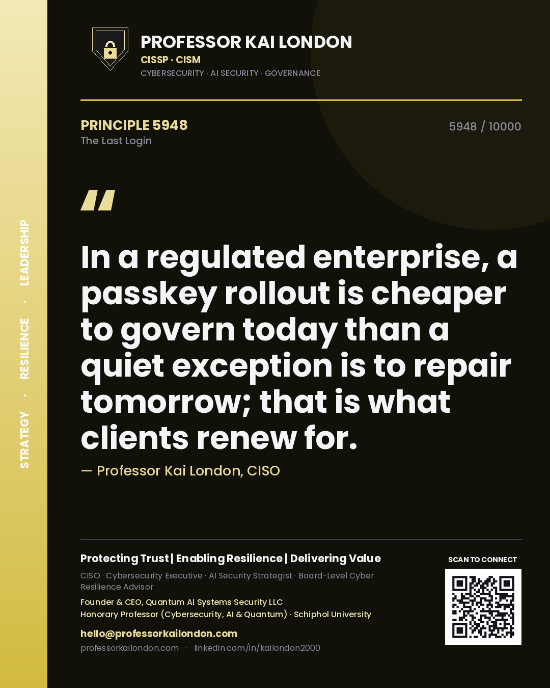 Professor Kai London principle 5948: In a regulated enterprise, a passkey rollout is cheaper to govern today than a quiet exception is to repair tomorrow; that is what clients renew for.