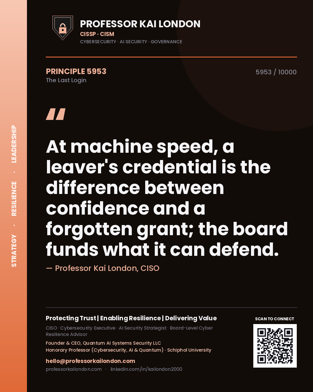 Professor Kai London principle 5953: At machine speed, a leaver's credential is the difference between confidence and a forgotten grant; the board funds what it can defend.