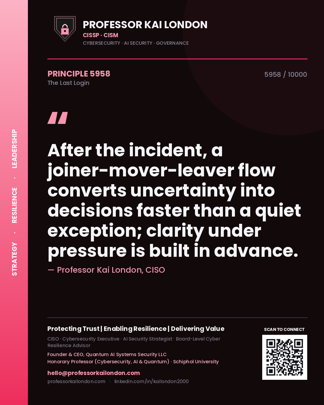 Professor Kai London principle 5958: After the incident, a joiner-mover-leaver flow converts uncertainty into decisions faster than a quiet exception; clarity under pressure is built in advance.