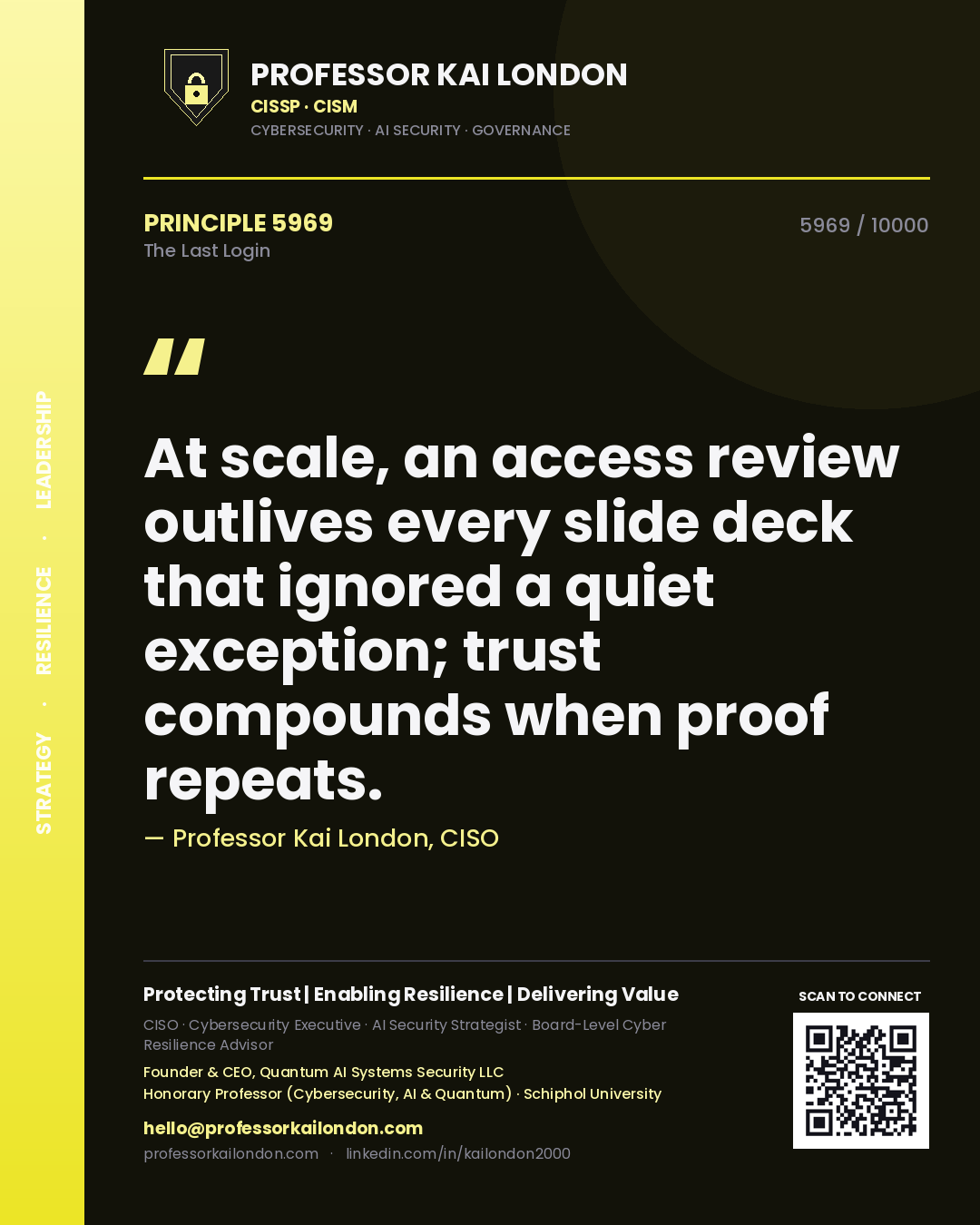 Quote card by Professor Kai London reading 'At scale, an access review outlives every slide deck that ignored a quiet exception; trust compounds when proof repeats.'. From the book The Last Login.
