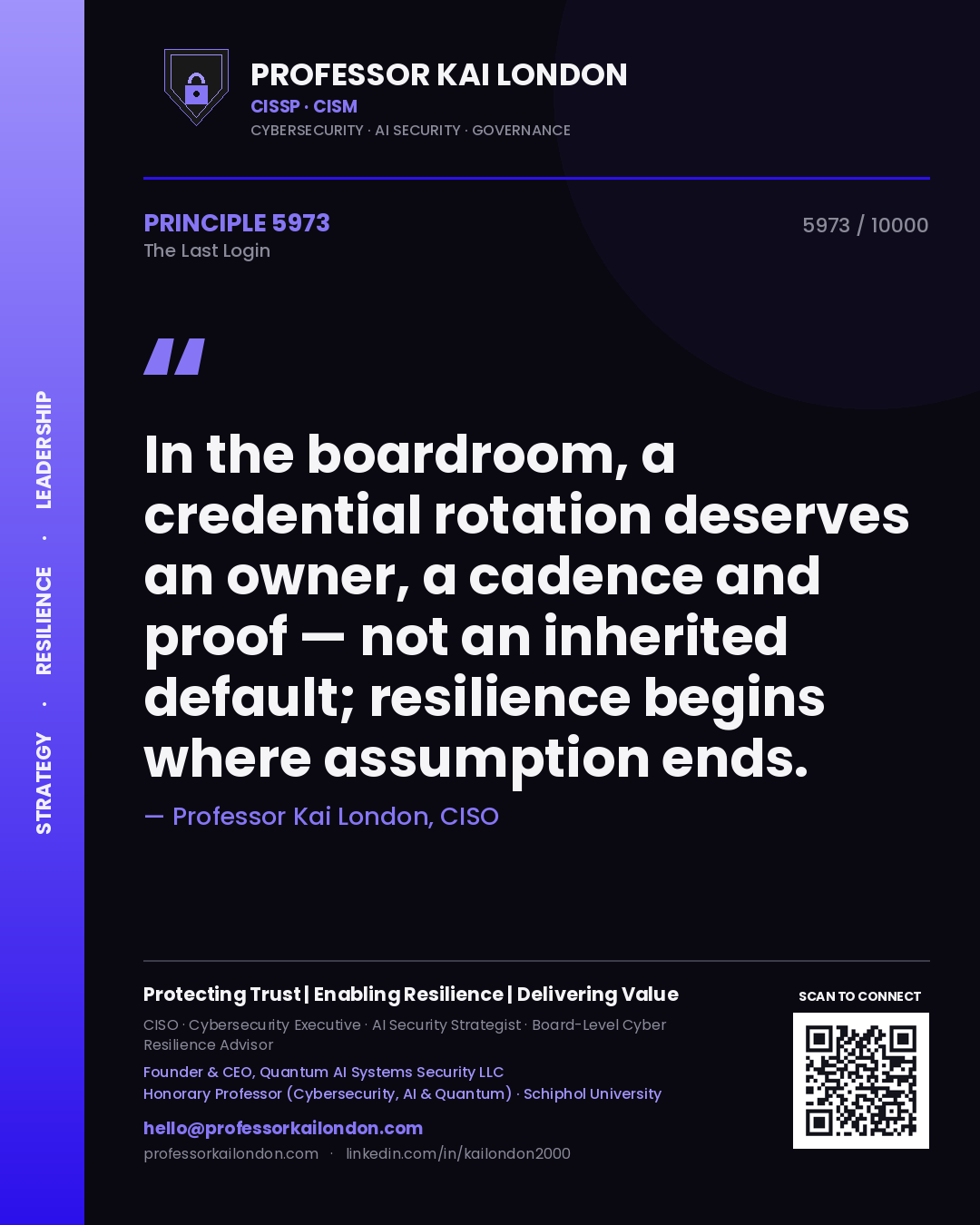 Quote card by Professor Kai London reading 'In the boardroom, a credential rotation deserves an owner, a cadence and proof — not an inherited default; resilience begins where assumption ends.'. From the book The Last Login.