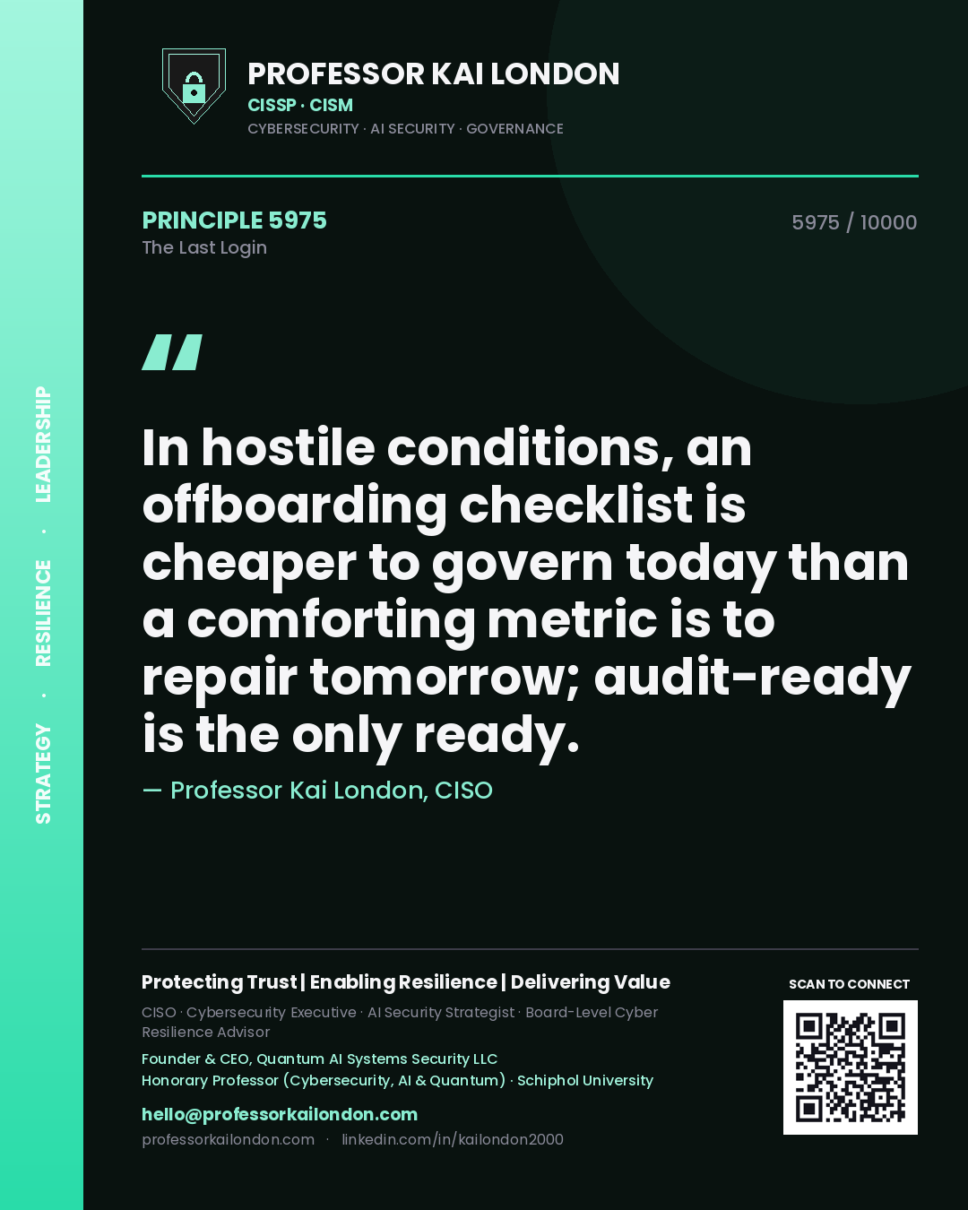 Professor Kai London principle 5975: In hostile conditions, an offboarding checklist is cheaper to govern today than a comforting metric is to repair tomorrow; audit-ready is the only ready.