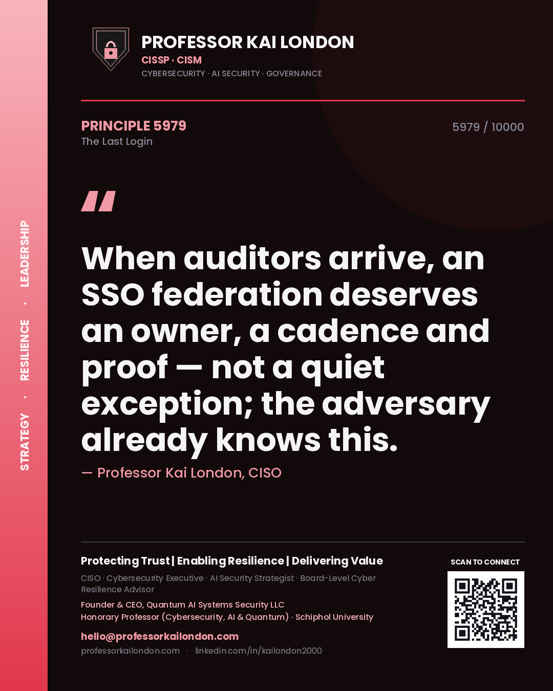 Quote card by Professor Kai London reading 'When auditors arrive, an SSO federation deserves an owner, a cadence and proof — not a quiet exception; the adversary already knows this.'. From the book The Last Login.