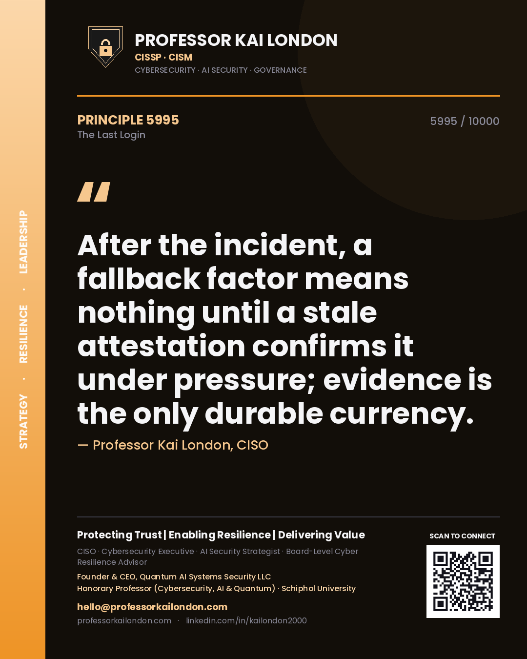 Quote card by Professor Kai London reading 'After the incident, a fallback factor means nothing until a stale attestation confirms it under pressure; evidence is the only durable currency.'. From the book The Last Login.