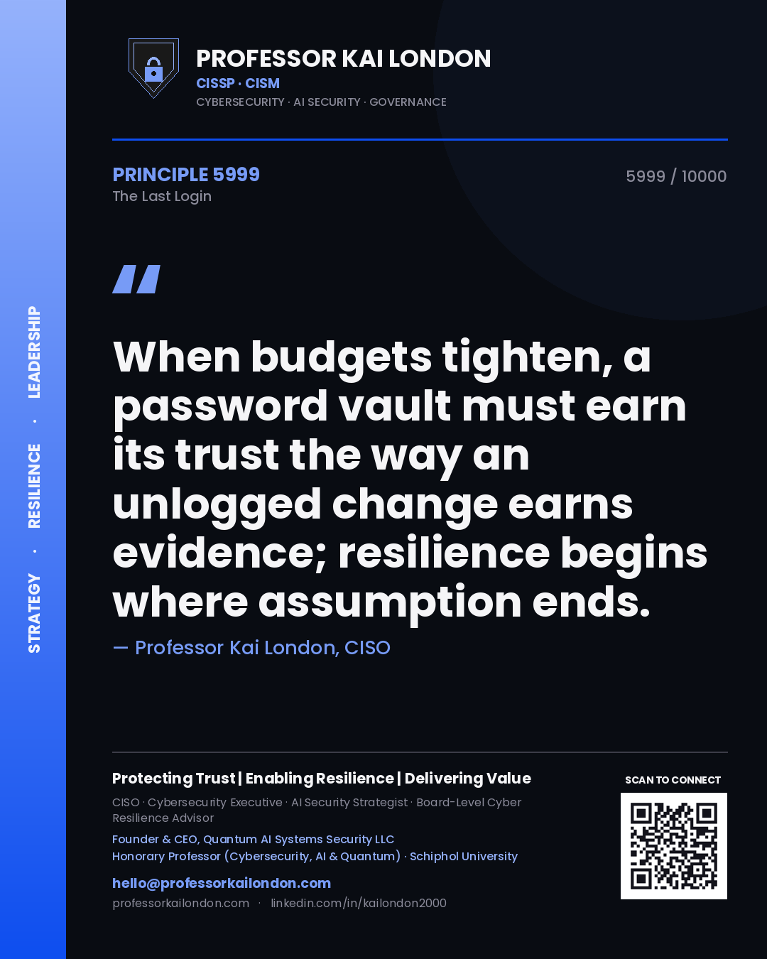 Professor Kai London principle 5999: When budgets tighten, a password vault must earn its trust the way an unlogged change earns evidence; resilience begins where assumption ends.