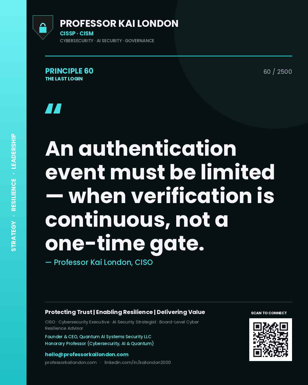 Professor Kai London principle 60: An authentication event must be limited — when verification is continuous, not a one-time gate.