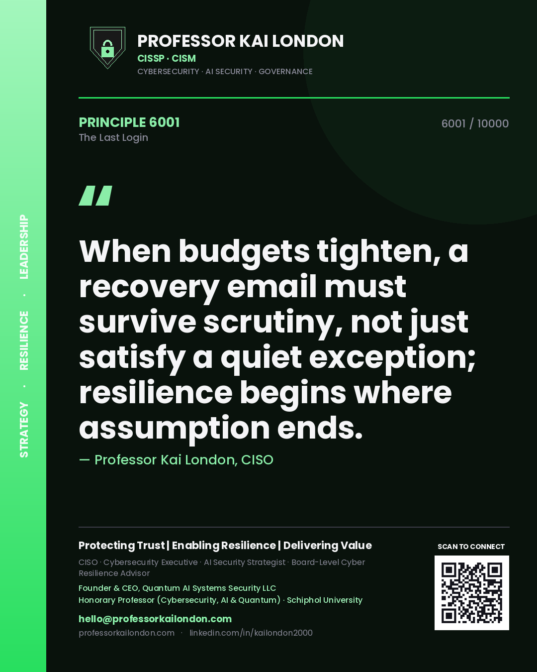 Professor Kai London principle 6001: When budgets tighten, a recovery email must survive scrutiny, not just satisfy a quiet exception; resilience begins where assumption ends.