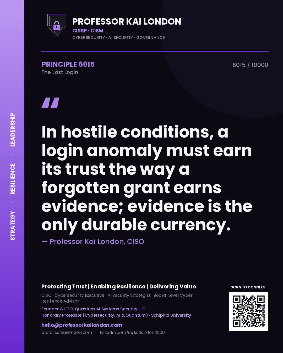Quote card by Professor Kai London reading 'In hostile conditions, a login anomaly must earn its trust the way a forgotten grant earns evidence; evidence is the only durable currency.'. From the book The Last Login.
