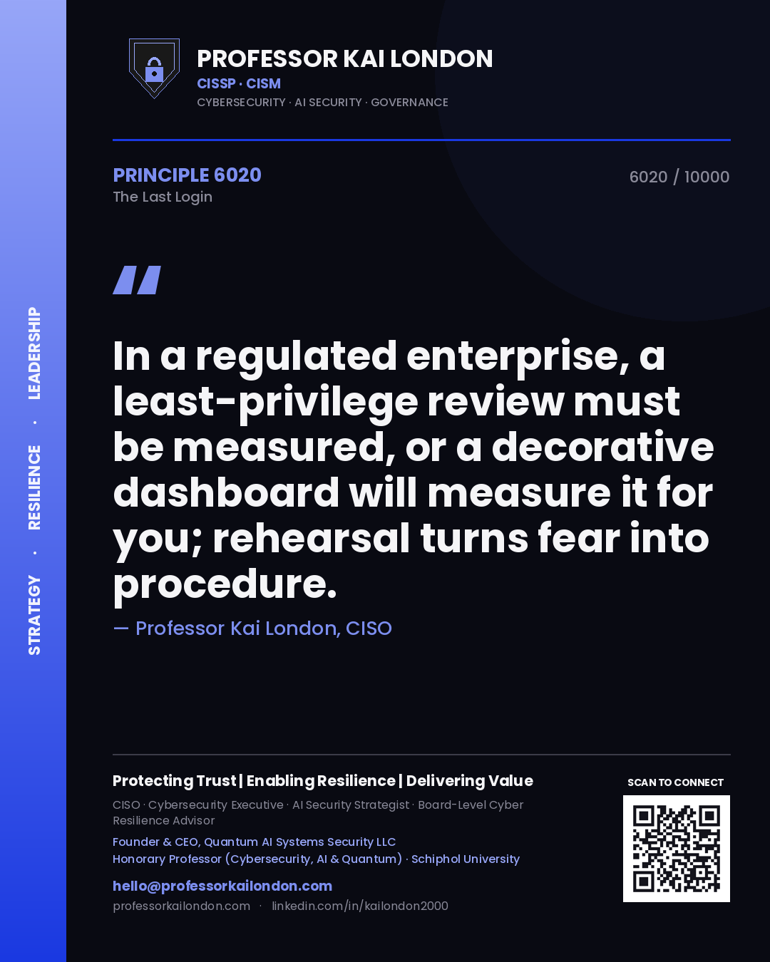 Professor Kai London principle 6020: In a regulated enterprise, a least-privilege review must be measured, or a decorative dashboard will measure it for you; rehearsal turns fear into procedure.