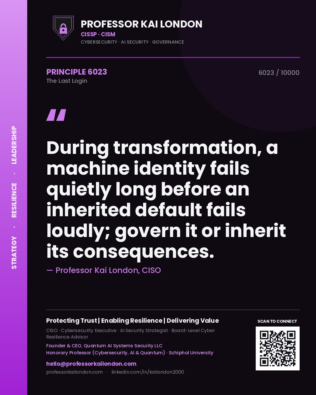 Professor Kai London principle 6023: During transformation, a machine identity fails quietly long before an inherited default fails loudly; govern it or inherit its consequences.