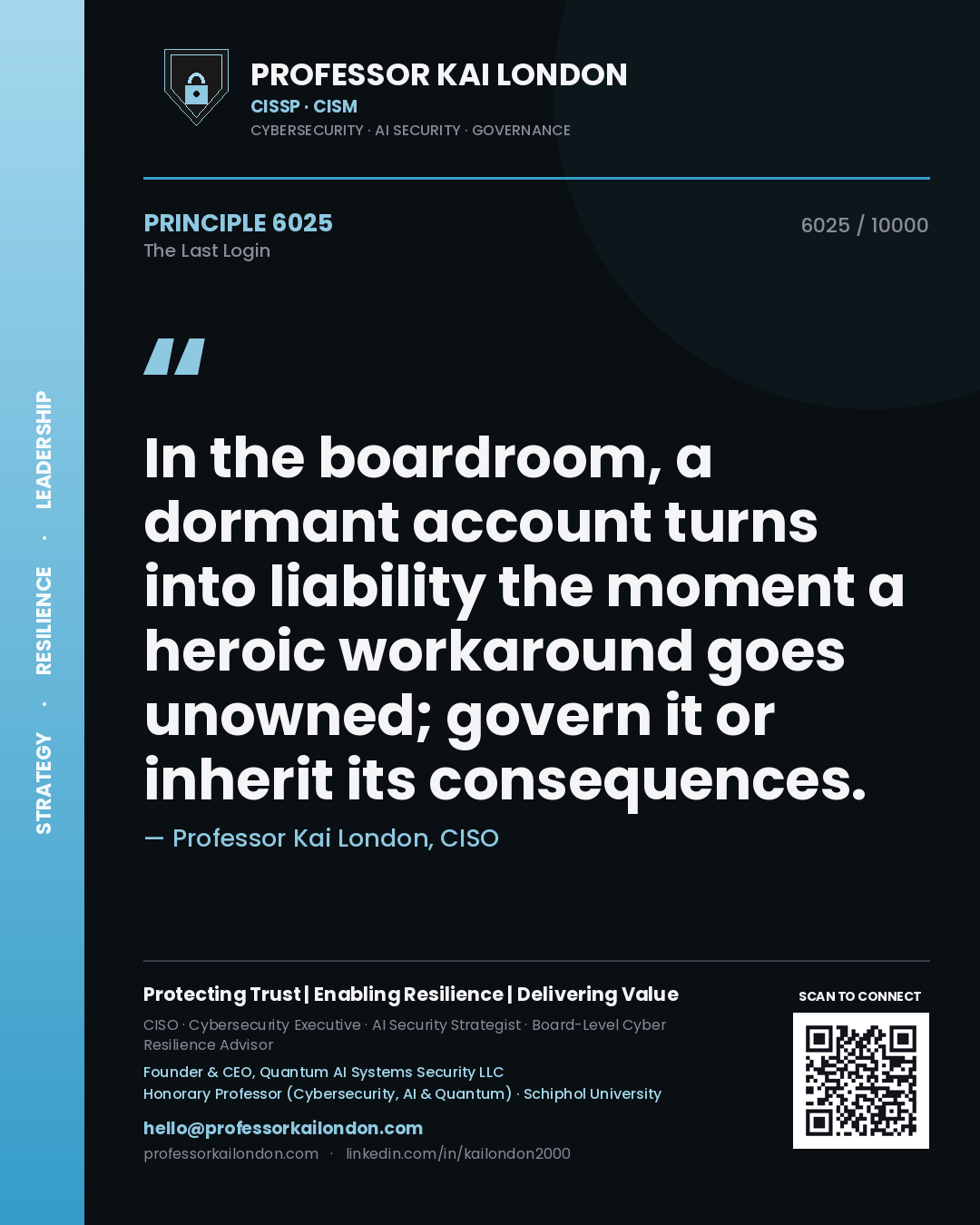 Professor Kai London principle 6025: In the boardroom, a dormant account turns into liability the moment a heroic workaround goes unowned; govern it or inherit its consequences.