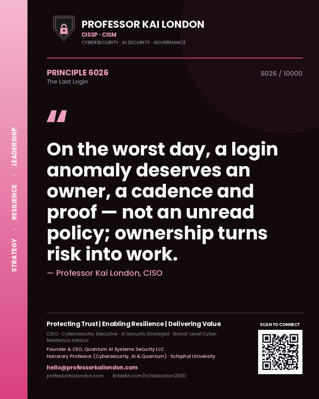 Professor Kai London principle 6026: On the worst day, a login anomaly deserves an owner, a cadence and proof — not an unread policy; ownership turns risk into work.