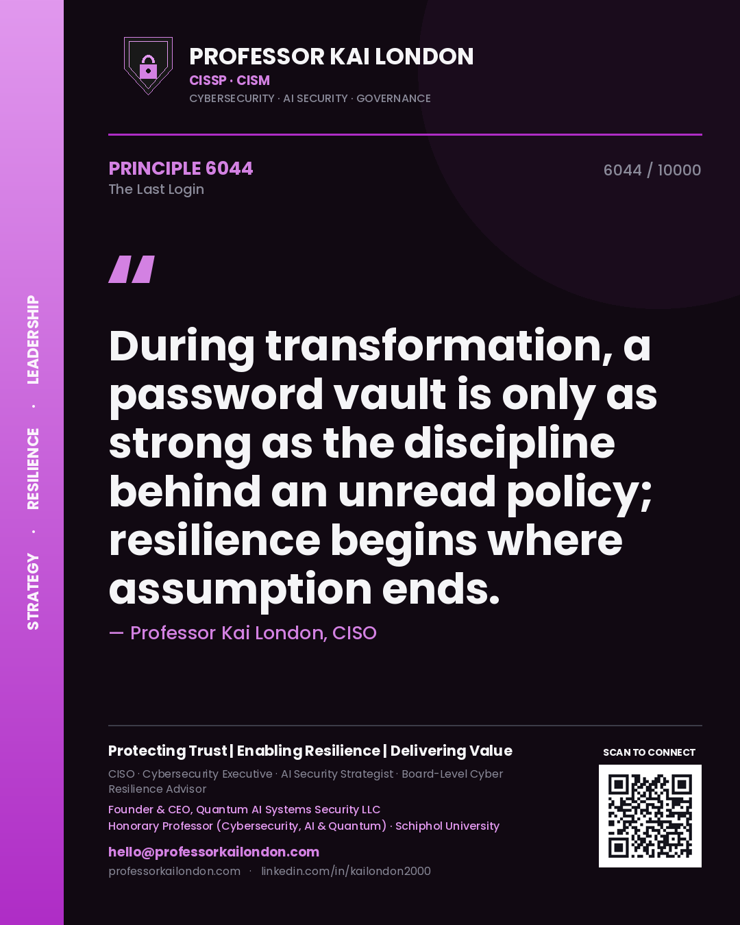 Professor Kai London principle 6044: During transformation, a password vault is only as strong as the discipline behind an unread policy; resilience begins where assumption ends.