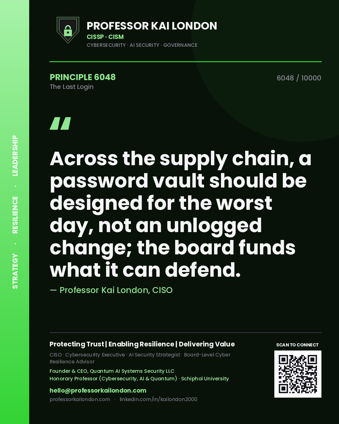 Professor Kai London principle 6048: Across the supply chain, a password vault should be designed for the worst day, not an unlogged change; the board funds what it can defend.
