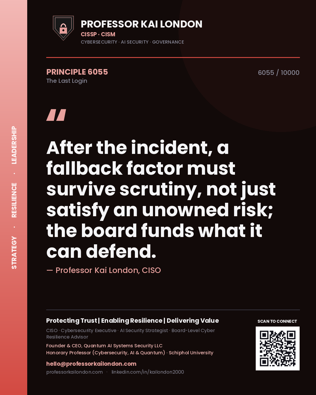 Quote card by Professor Kai London reading 'After the incident, a fallback factor must survive scrutiny, not just satisfy an unowned risk; the board funds what it can defend.'. From the book The Last Login.