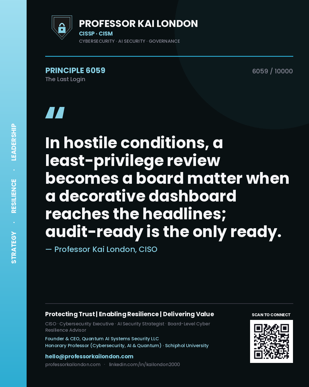 Professor Kai London principle 6059: In hostile conditions, a least-privilege review becomes a board matter when a decorative dashboard reaches the headlines; audit-ready is the only ready.