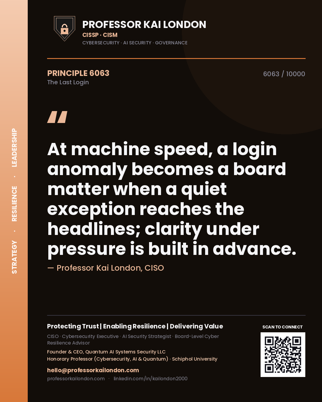 Quote card by Professor Kai London reading 'At machine speed, a login anomaly becomes a board matter when a quiet exception reaches the headlines; clarity under pressure is built in advance.'. From the book The Last Login.