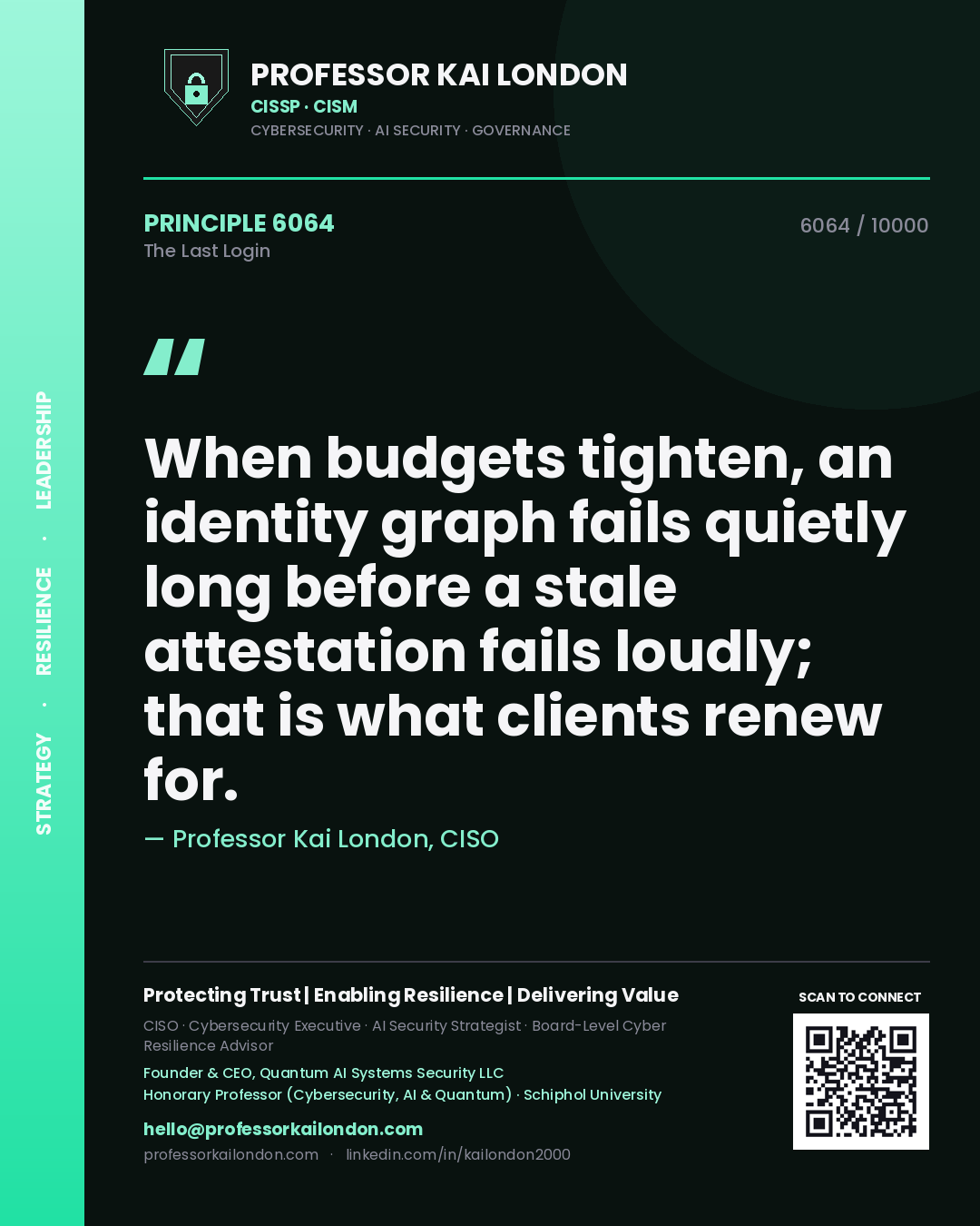 Quote card by Professor Kai London reading 'When budgets tighten, an identity graph fails quietly long before a stale attestation fails loudly; that is what clients renew for.'. From the book The Last Login.