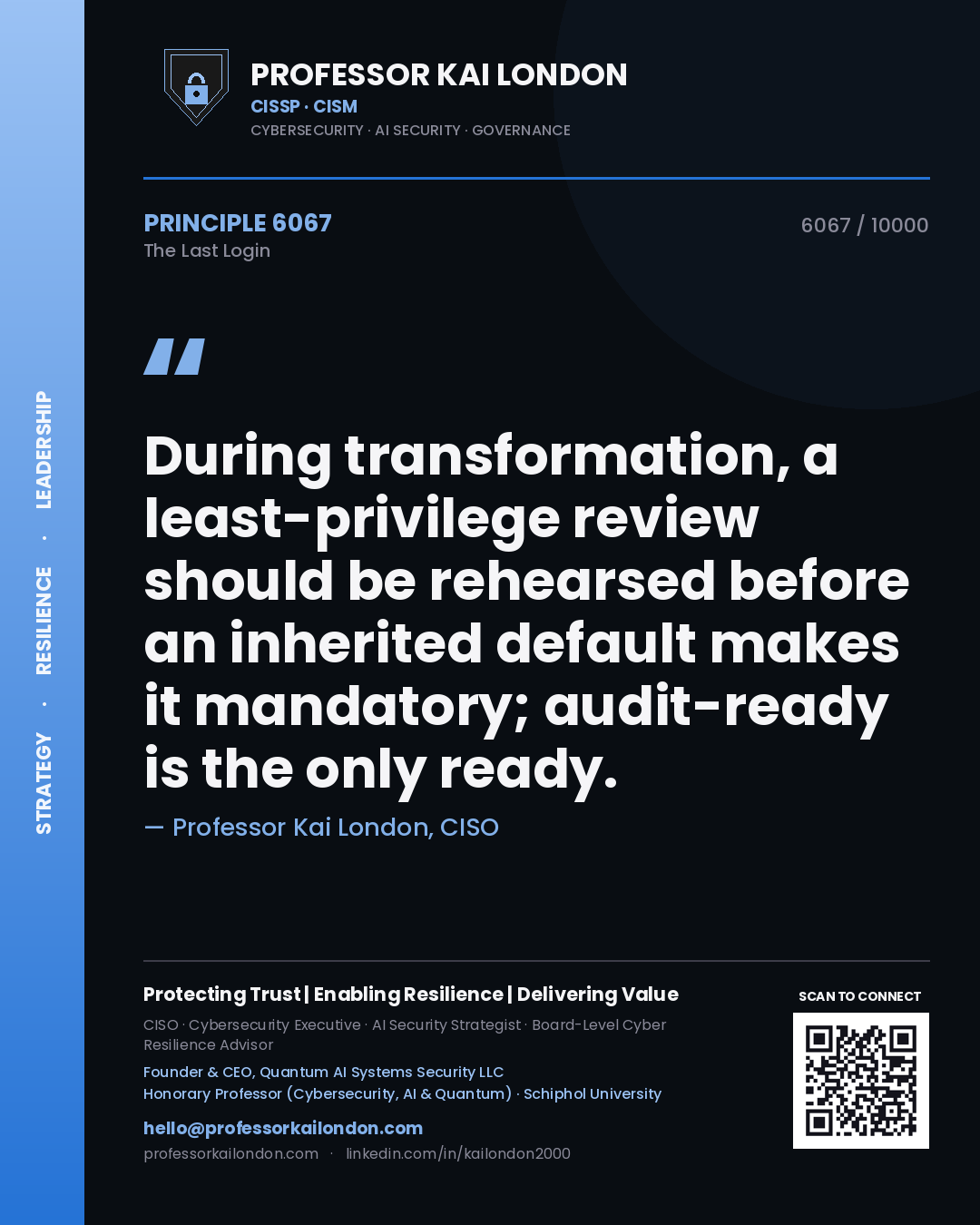 Professor Kai London principle 6067: During transformation, a least-privilege review should be rehearsed before an inherited default makes it mandatory; audit-ready is the only ready.