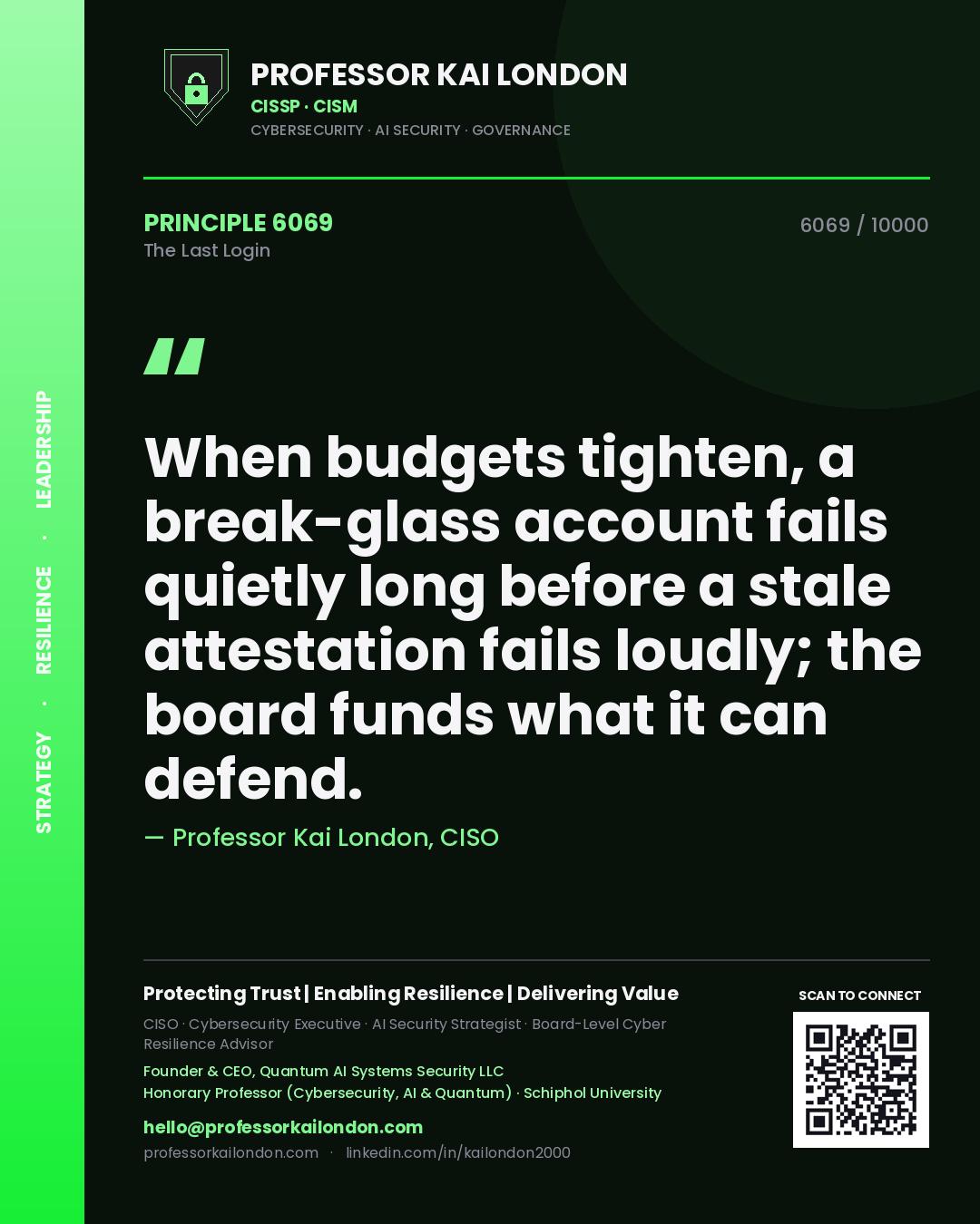 Quote card by Professor Kai London reading 'When budgets tighten, a break-glass account fails quietly long before a stale attestation fails loudly; the board funds what it can defend.'. From the book The Last Login.