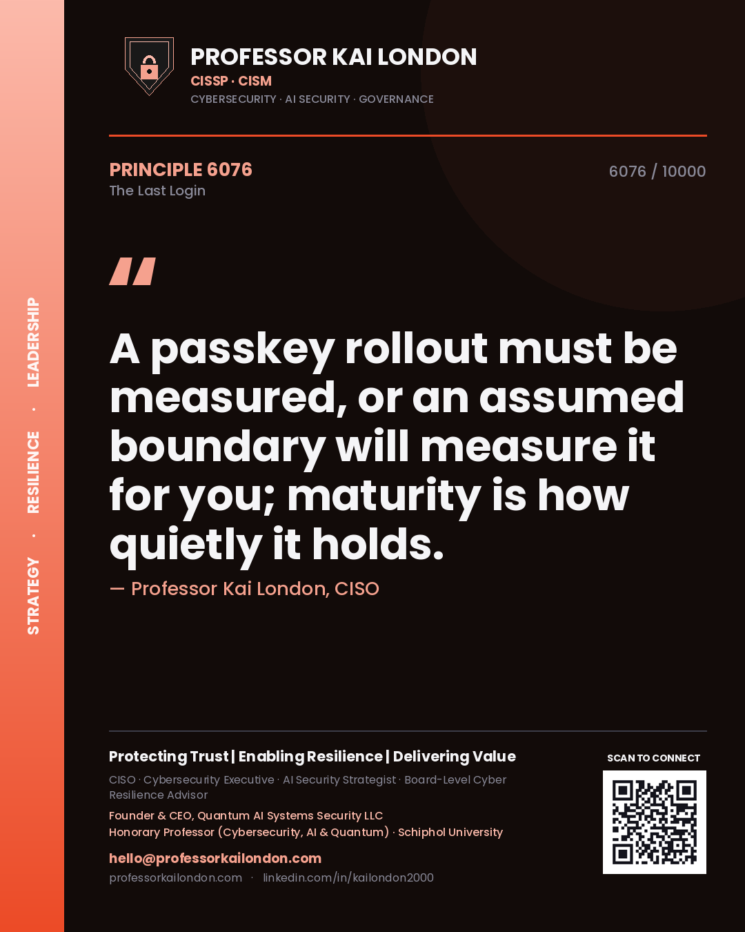 Professor Kai London principle 6076: A passkey rollout must be measured, or an assumed boundary will measure it for you; maturity is how quietly it holds.