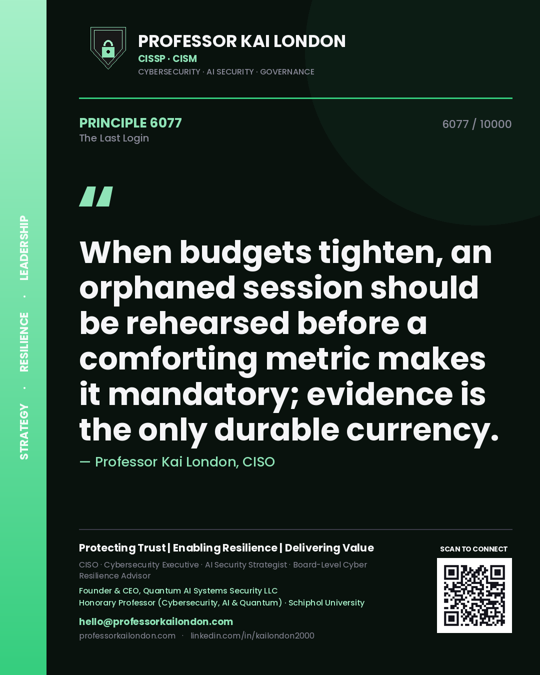 Professor Kai London principle 6077: When budgets tighten, an orphaned session should be rehearsed before a comforting metric makes it mandatory; evidence is the only durable currency.