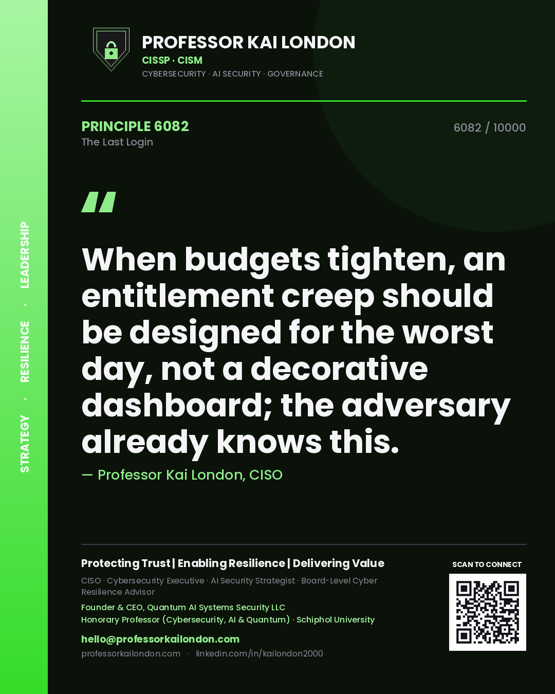 Quote card by Professor Kai London reading 'When budgets tighten, an entitlement creep should be designed for the worst day, not a decorative dashboard; the adversary already knows this.'. From the book The Last Login.