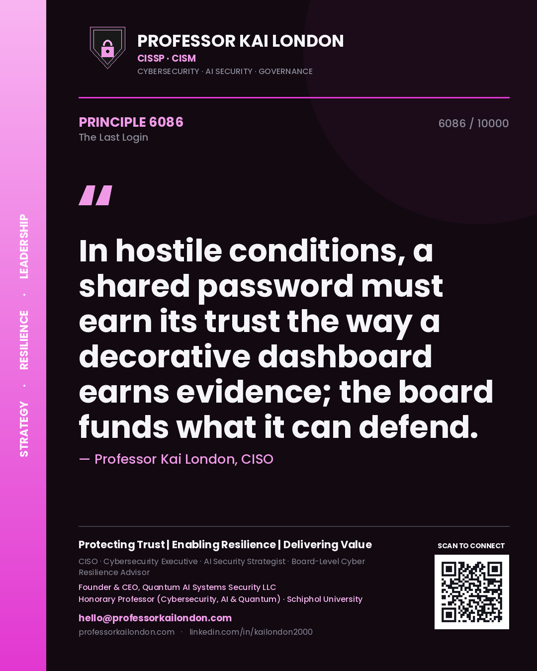 Professor Kai London principle 6086: In hostile conditions, a shared password must earn its trust the way a decorative dashboard earns evidence; the board funds what it can defend.
