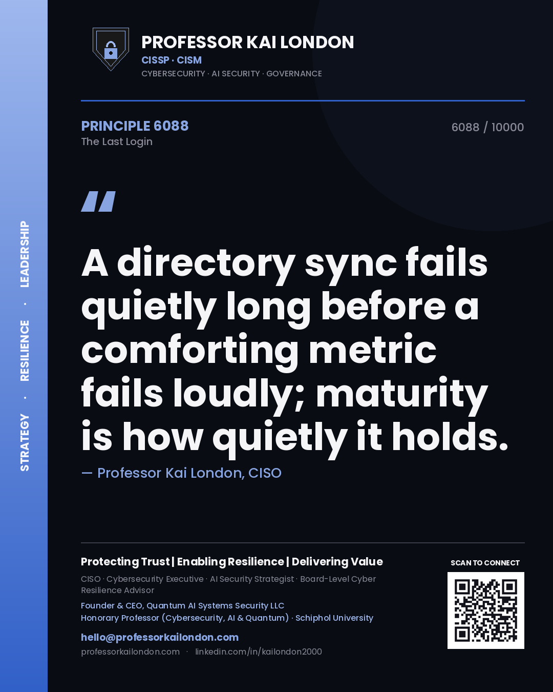 Professor Kai London principle 6088: A directory sync fails quietly long before a comforting metric fails loudly; maturity is how quietly it holds.