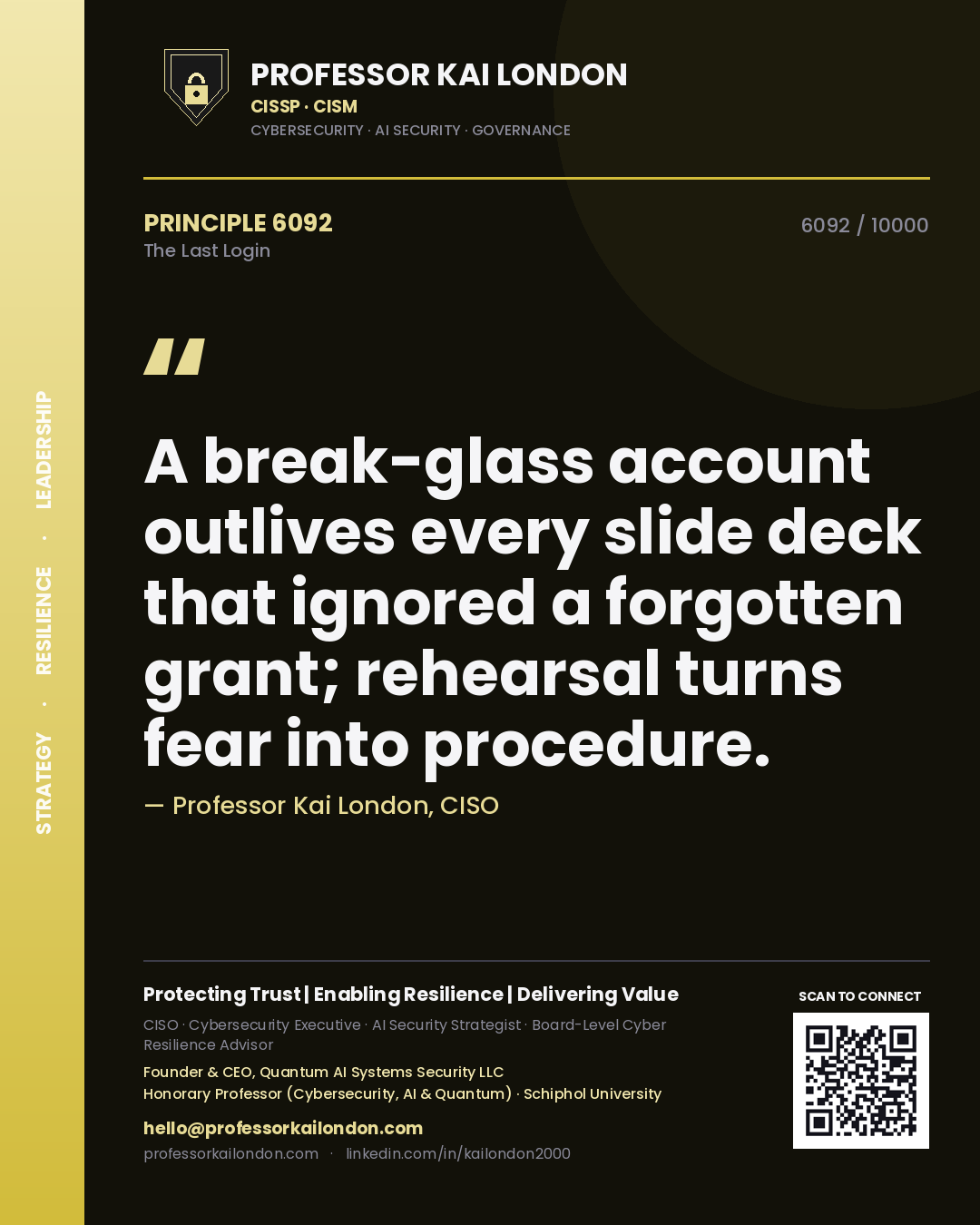Professor Kai London principle 6092: A break-glass account outlives every slide deck that ignored a forgotten grant; rehearsal turns fear into procedure.