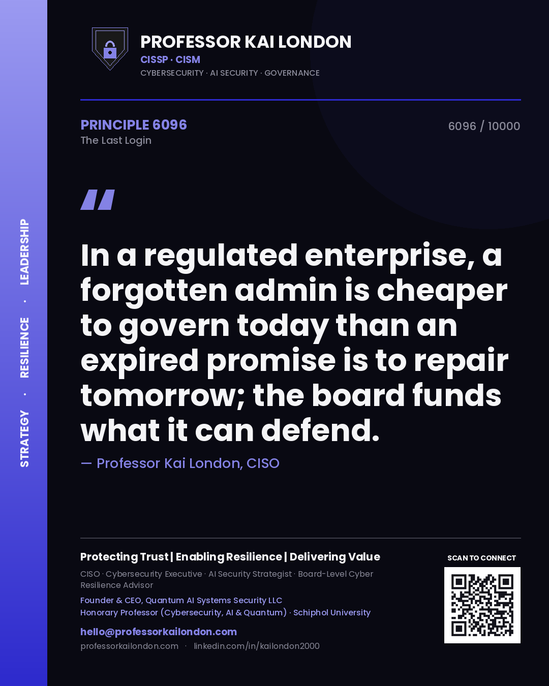 Quote card by Professor Kai London reading 'In a regulated enterprise, a forgotten admin is cheaper to govern today than an expired promise is to repair tomorrow; the board funds what it can defend.'. From the book The Last Login.