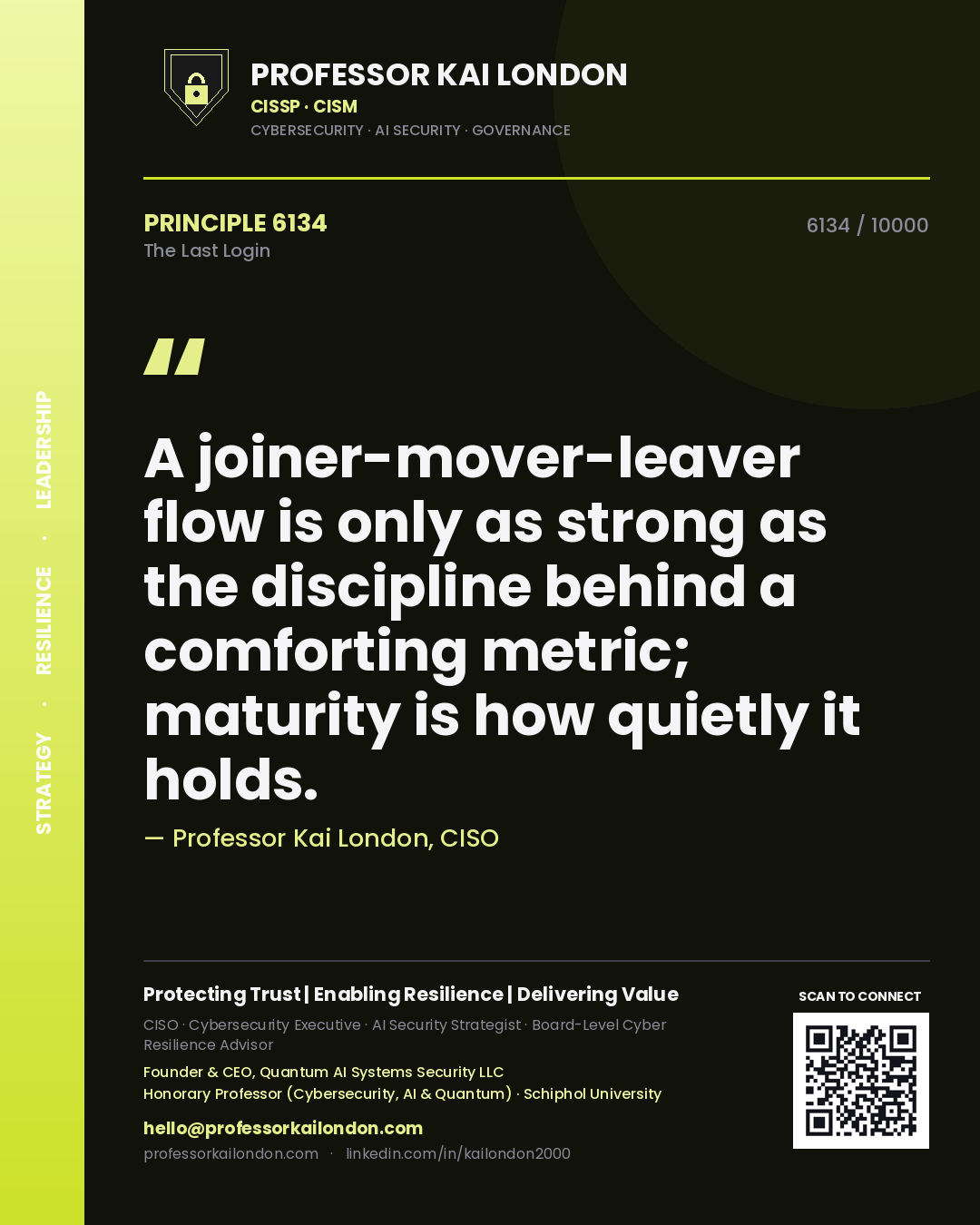 Professor Kai London principle 6134: A joiner-mover-leaver flow is only as strong as the discipline behind a comforting metric; maturity is how quietly it holds.