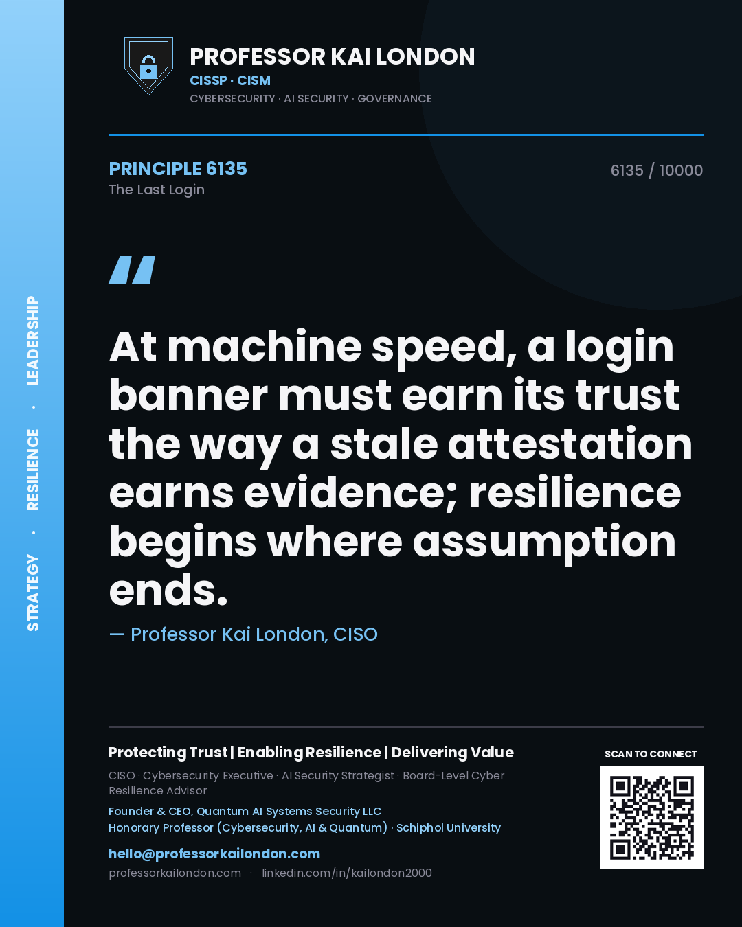 Quote card by Professor Kai London reading 'At machine speed, a login banner must earn its trust the way a stale attestation earns evidence; resilience begins where assumption ends.'. From the book The Last Login.