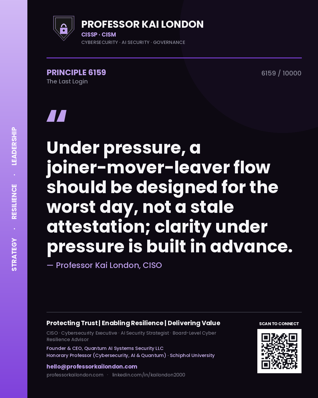 Quote card by Professor Kai London reading 'Under pressure, a joiner-mover-leaver flow should be designed for the worst day, not a stale attestation; clarity under pressure is built in advance.'. From the book The Last Login.