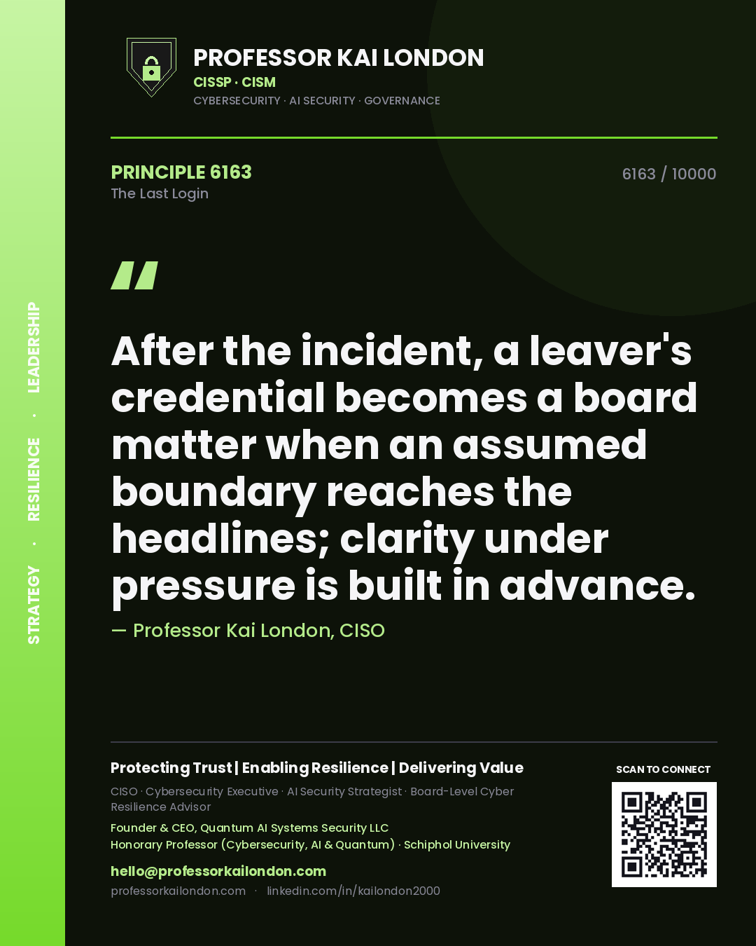 Professor Kai London principle 6163: After the incident, a leaver's credential becomes a board matter when an assumed boundary reaches the headlines; clarity under pressure is built in advance.