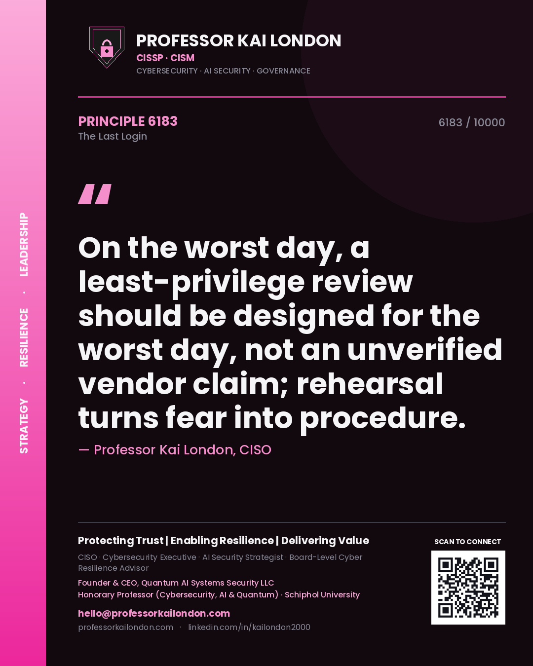 Professor Kai London principle 6183: On the worst day, a least-privilege review should be designed for the worst day, not an unverified vendor claim; rehearsal turns fear into procedure.