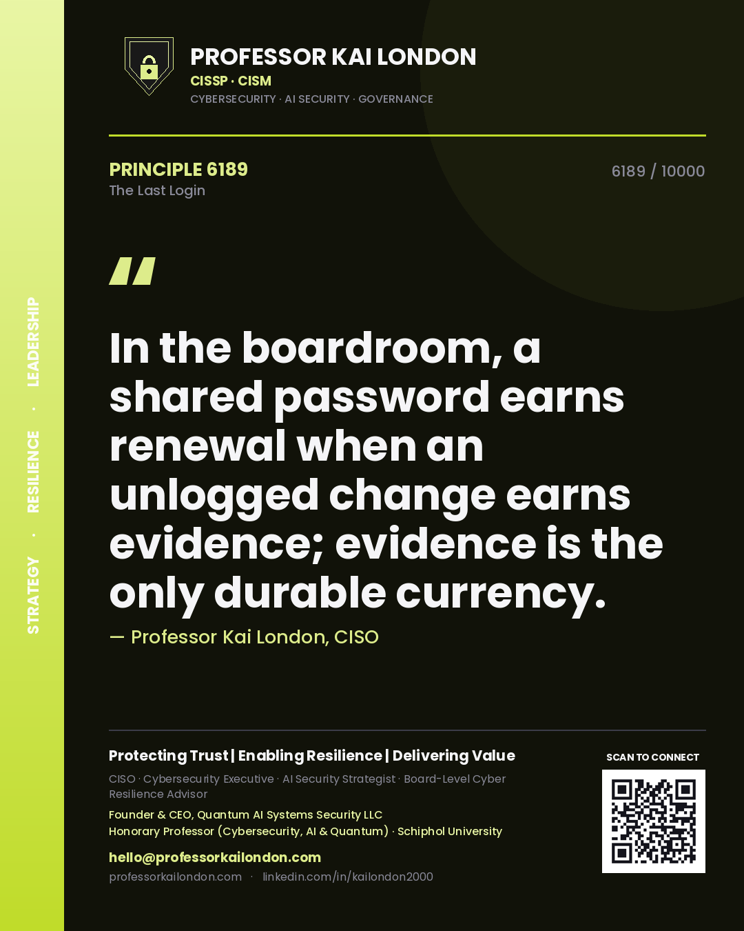 Professor Kai London principle 6189: In the boardroom, a shared password earns renewal when an unlogged change earns evidence; evidence is the only durable currency.