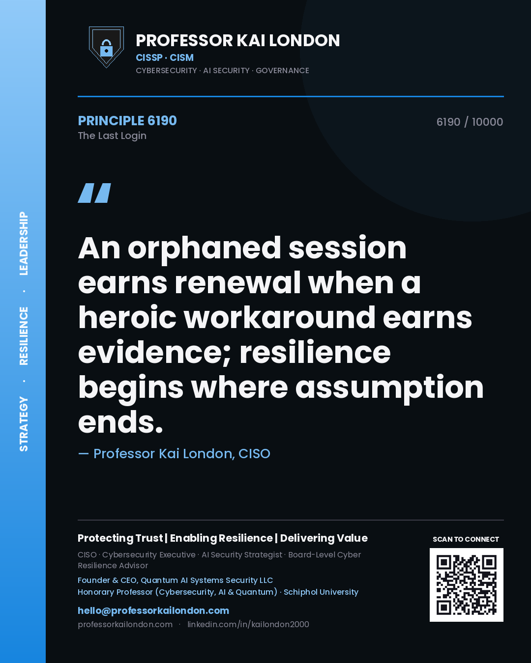 Quote card by Professor Kai London reading 'An orphaned session earns renewal when a heroic workaround earns evidence; resilience begins where assumption ends.'. From the book The Last Login.