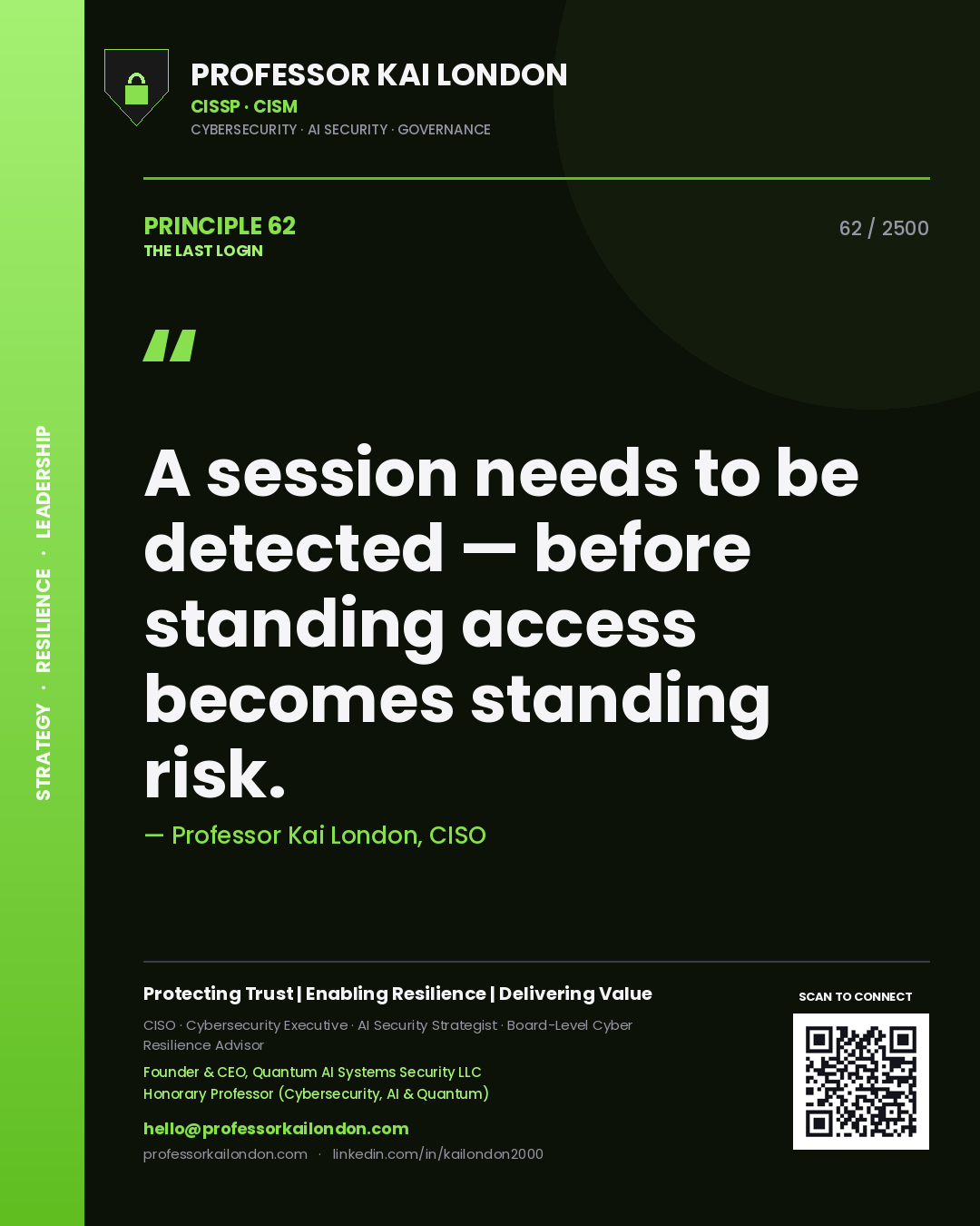 Professor Kai London principle 62: A session needs to be detected — before standing access becomes standing risk.