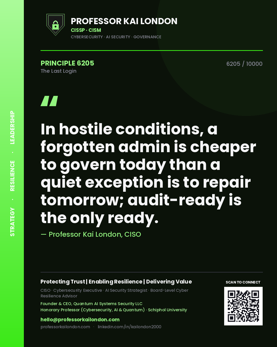 Quote card by Professor Kai London reading 'In hostile conditions, a forgotten admin is cheaper to govern today than a quiet exception is to repair tomorrow; audit-ready is the only ready.'. From the book The Last Login.