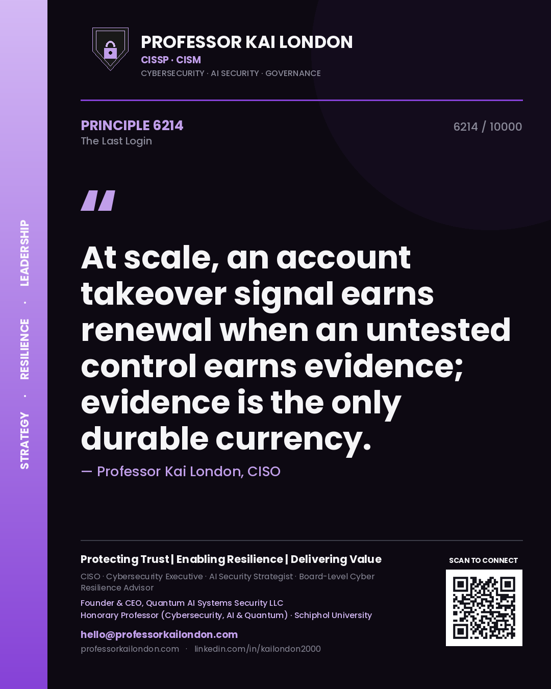 Professor Kai London principle 6214: At scale, an account takeover signal earns renewal when an untested control earns evidence; evidence is the only durable currency.