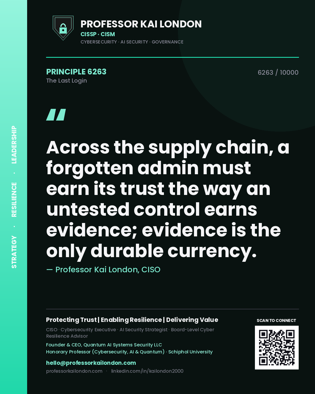 Quote card by Professor Kai London reading 'Across the supply chain, a forgotten admin must earn its trust the way an untested control earns evidence; evidence is the only durable currency.'. From the book The Last Login.