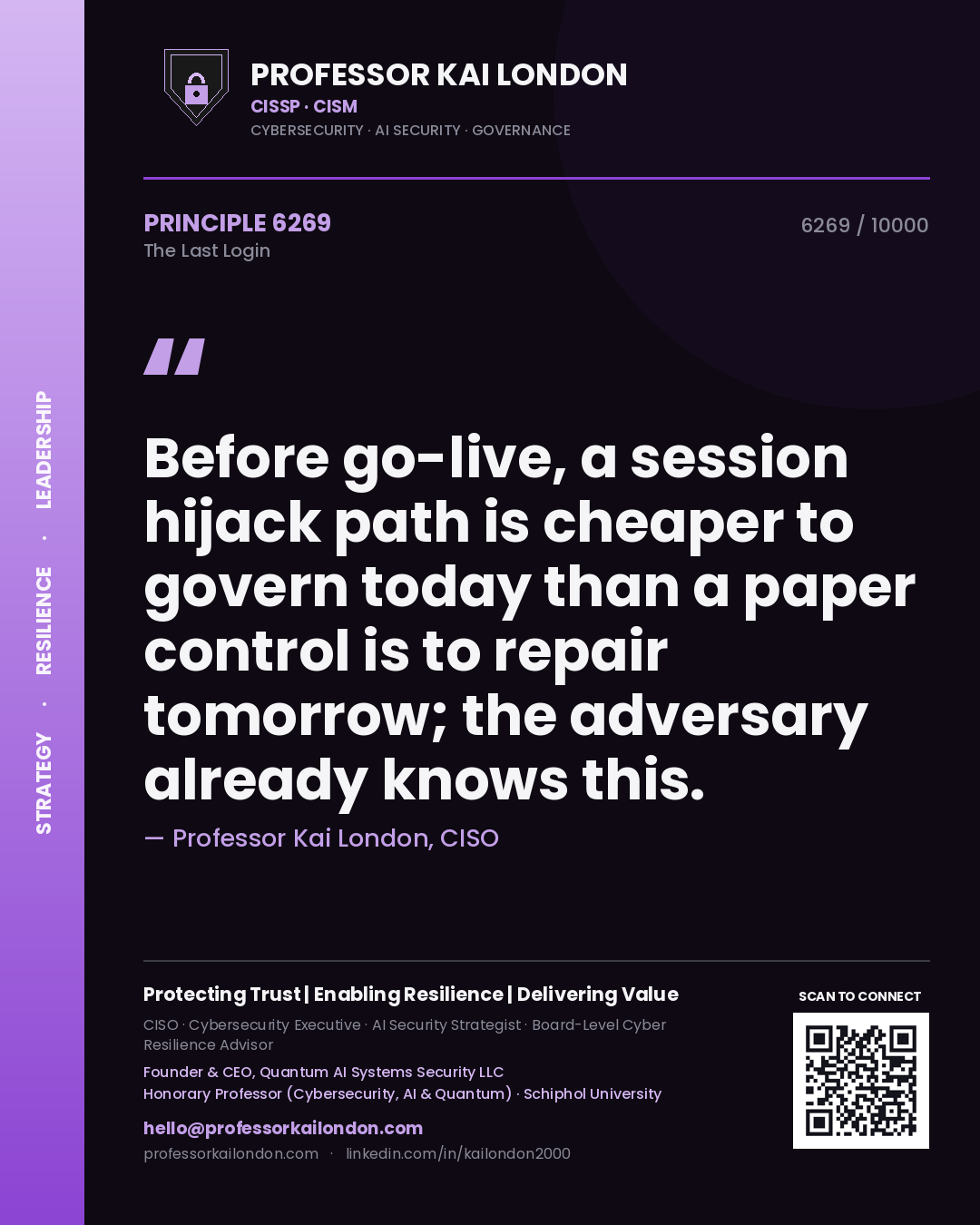 Quote card by Professor Kai London reading 'Before go-live, a session hijack path is cheaper to govern today than a paper control is to repair tomorrow; the adversary already knows this.'. From the book The Last Login.
