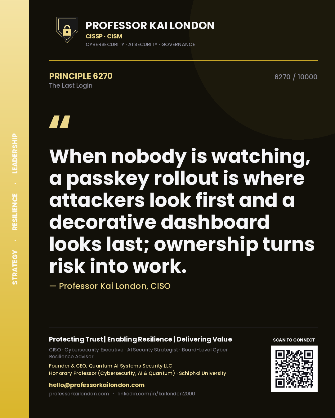 Professor Kai London principle 6270: When nobody is watching, a passkey rollout is where attackers look first and a decorative dashboard looks last; ownership turns risk into work.
