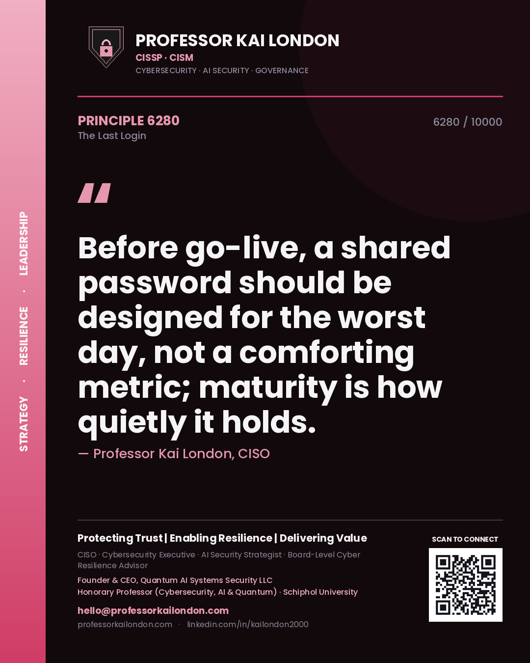 Quote card by Professor Kai London reading 'Before go-live, a shared password should be designed for the worst day, not a comforting metric; maturity is how quietly it holds.'. From the book The Last Login.